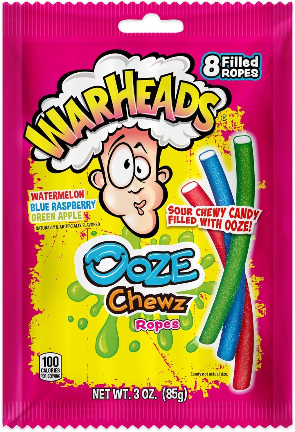 Warheads Ooze Chewz Ropes - Chewy Candy Ropes, Watermelon, Blue Raspberry & Green Apple Flavours